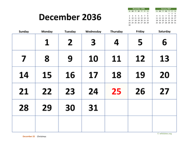 December 2036 Calendar with Extra-large Dates