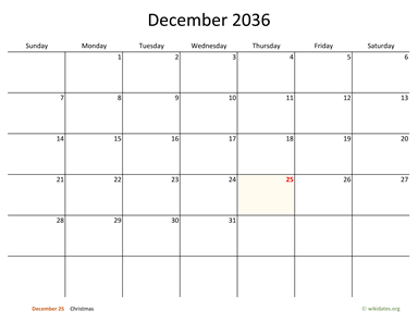 December 2036 Calendar with Bigger boxes