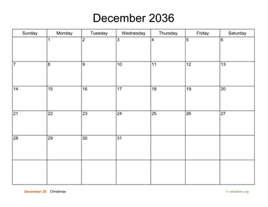 Basic Calendar for December 2036