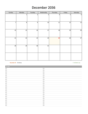 December 2036 Calendar with To-Do List