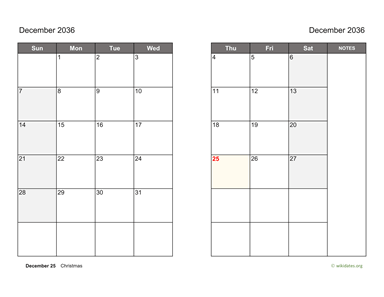 December 2036 Calendar on two pages