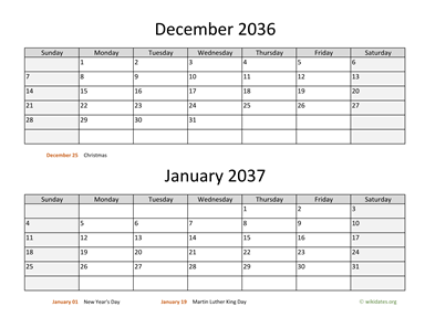 December 2036 and January 2037 Calendar Horizontal