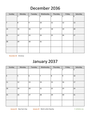 December 2036 and January 2037 Calendar Vertical