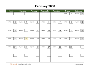 February 2036 Calendar with Day Numbers