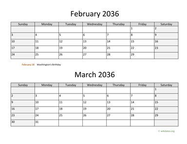 February and March 2036 Calendar Horizontal