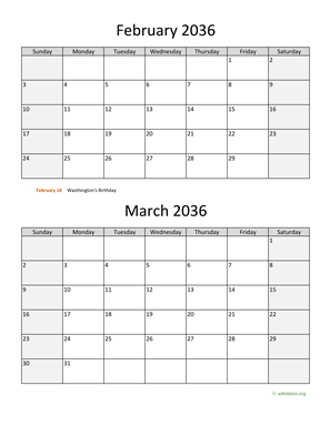 February and March 2036 Calendar Vertical