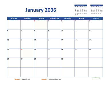 January 2036 Calendar Classic