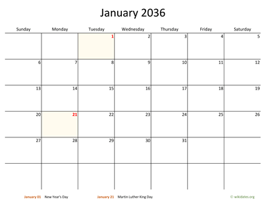 January 2036 Calendar with Bigger boxes