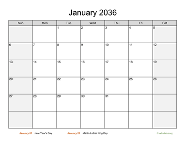January 2036 Calendar with Weekend Shaded