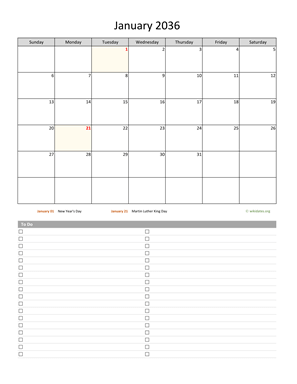 January 2036 Calendar with To-Do List