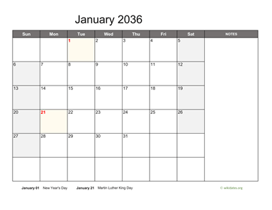 January 2036 Calendar with Notes