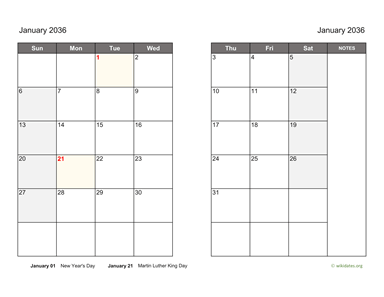 January 2036 Calendar on two pages