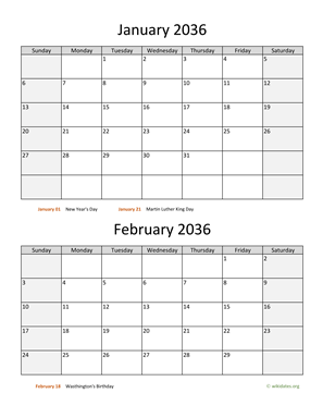 January and February 2036 Calendar Vertical