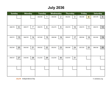July 2036 Calendar with Day Numbers
