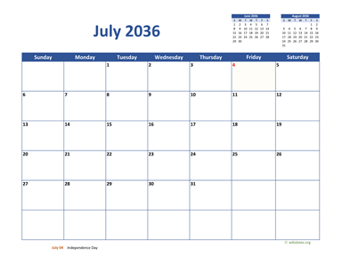 July 2036 Calendar Classic