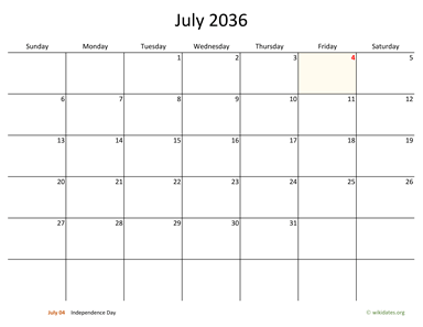 July 2036 Calendar with Bigger boxes