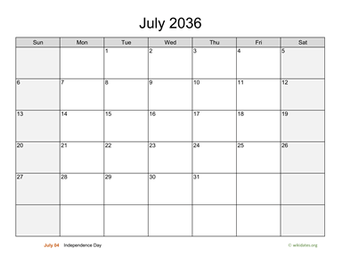 July 2036 Calendar with Weekend Shaded