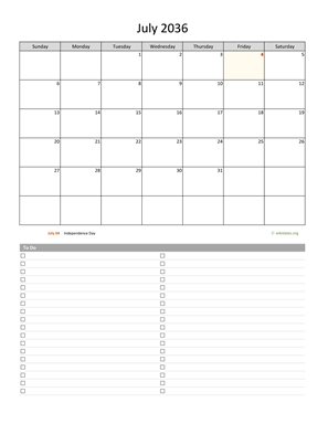 July 2036 Calendar with To-Do List