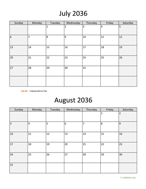 July and August 2036 Calendar Vertical