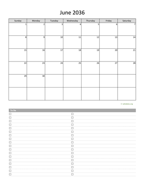 June 2036 Calendar with To-Do List