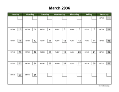 March 2036 Calendar with Day Numbers