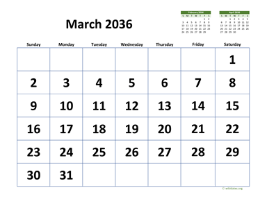 March 2036 Calendar with Extra-large Dates