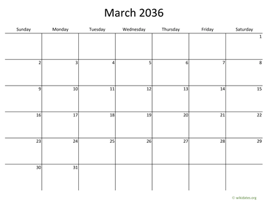 March 2036 Calendar with Bigger boxes