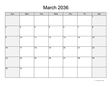 March 2036 Calendar with Weekend Shaded