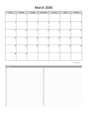 March 2036 Calendar with To-Do List