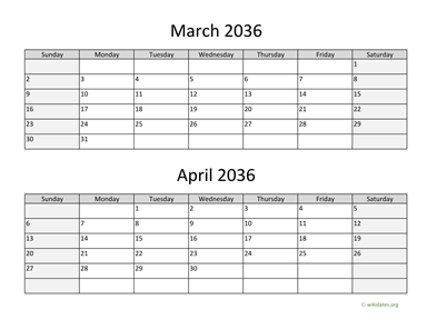 March and April 2036 Calendar Horizontal