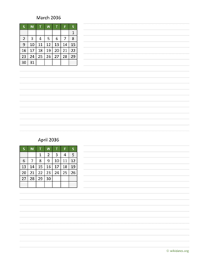 March and April 2036 Calendar with Notes