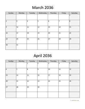 March and April 2036 Calendar Vertical