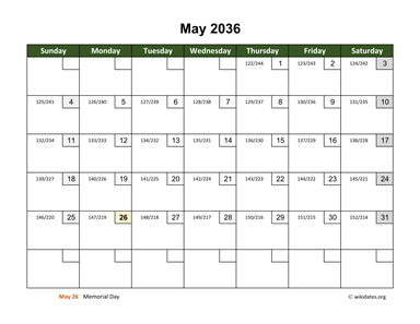 May 2036 Calendar with Day Numbers