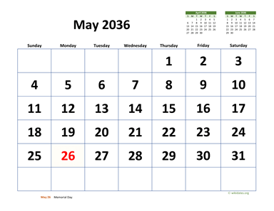 May 2036 Calendar with Extra-large Dates