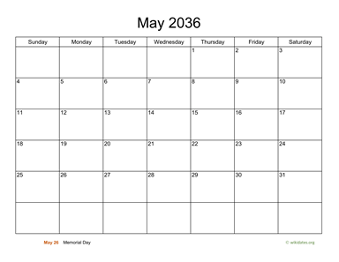 Basic Calendar for May 2036