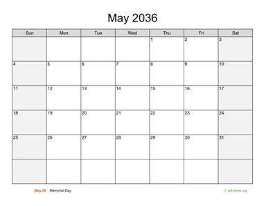 May 2036 Calendar with Weekend Shaded