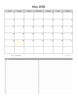 May 2036 Calendar with To-Do List