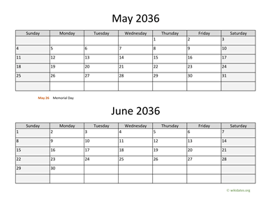 May and June 2036 Calendar Horizontal