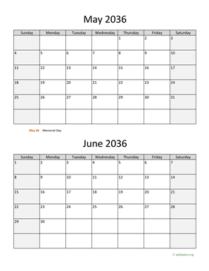 May and June 2036 Calendar Vertical