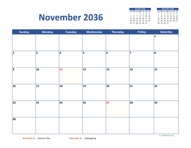 November 2036 Calendar Classic
