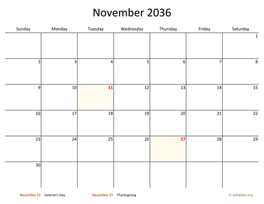 November 2036 Calendar with Bigger boxes