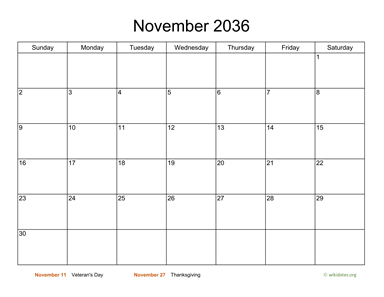 Basic Calendar for November 2036