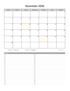 November 2036 Calendar with To-Do List