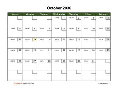October 2036 Calendar with Day Numbers