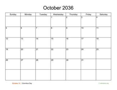 Basic Calendar for October 2036