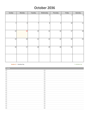 October 2036 Calendar with To-Do List