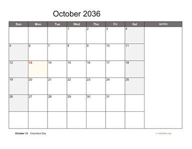 October 2036 Calendar with Notes
