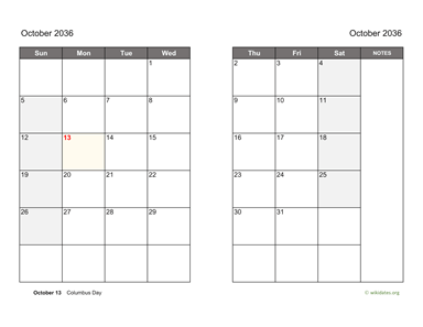 October 2036 Calendar on two pages