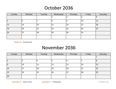 October and November 2036 Calendar Horizontal