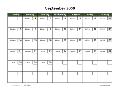 September 2036 Calendar with Day Numbers